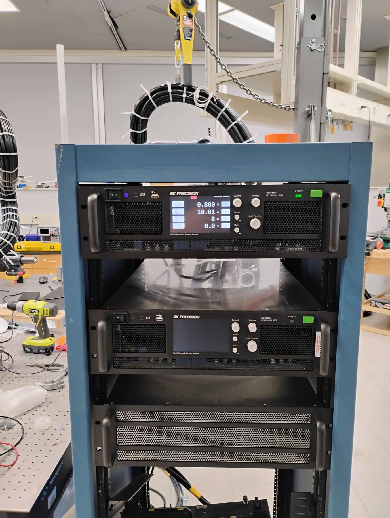 Rack-mounted BK Precision DC power supplies in the STAR_Lite laboratory